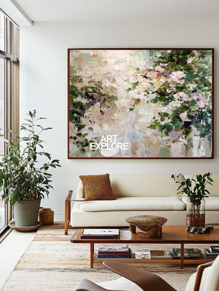 Contemporary Pink & Cream Floral Art Large Ready to Hang Painting