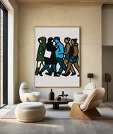 Contemporary Pop Art for Large Walls – Vertical Walking Crowd Painting for Modern Interiors & Open Concept Spaces
