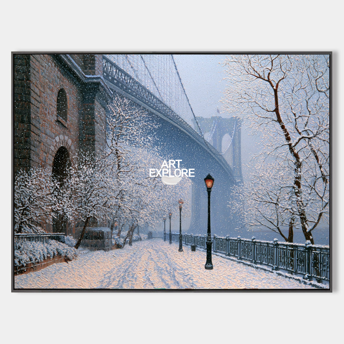 Realistic Blue And White Winter Painting Of City Architecture On Canvas