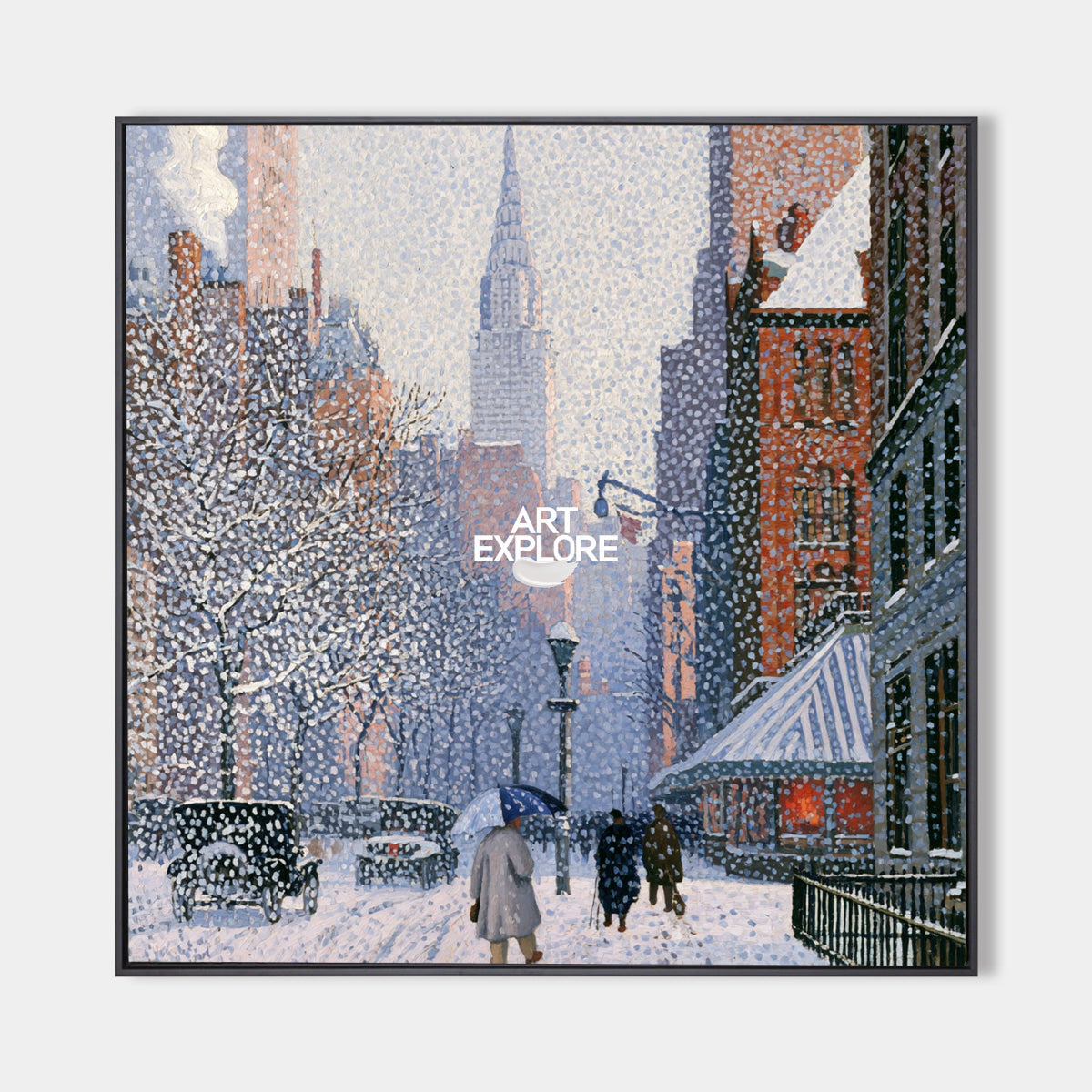 Realistic Winter Cityscape Hand-Painted Canvas Art In Blue And White