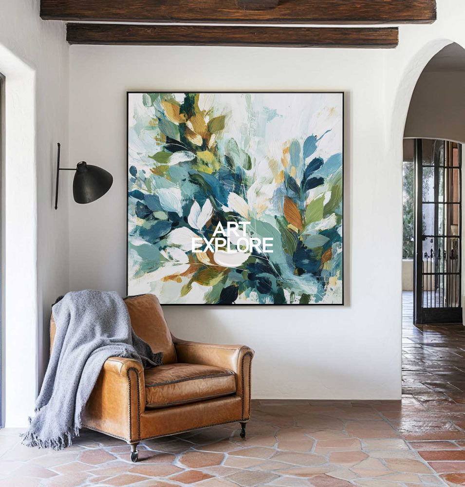 Contemporary Sage & Teal Leaf Painting Large Vertical Wall Decor