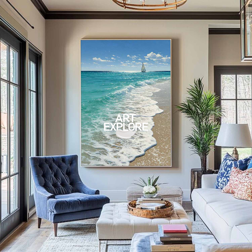 Contemporary Sailboat Seascape Large Ready to Hang Coastal Canvas