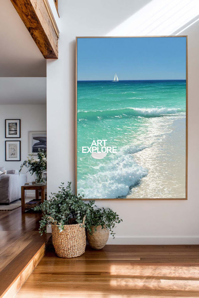 Contemporary Sailboat Seascape Large Ready to Hang Turquoise Canvas