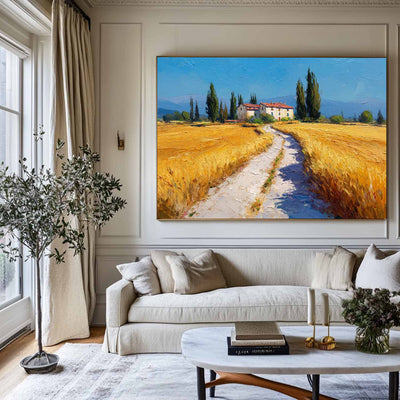Contemporary Scenery Art Decor – Golden Field & Villa Landscape Painting with Rich Textural Detail