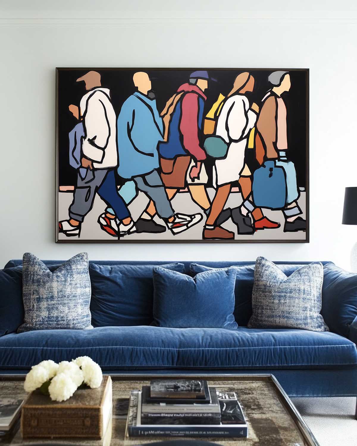 Contemporary Walking Crowd Painting – Large Handmade Urban Pop Wall Art for Spacious Interiors