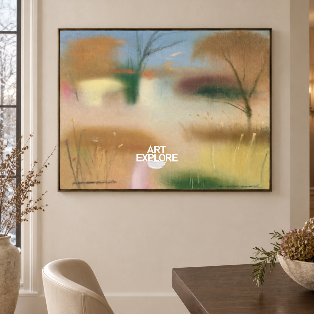 Abstract Brown Landscape Canvas Painting Hand-Painted Original Art With Green Tones