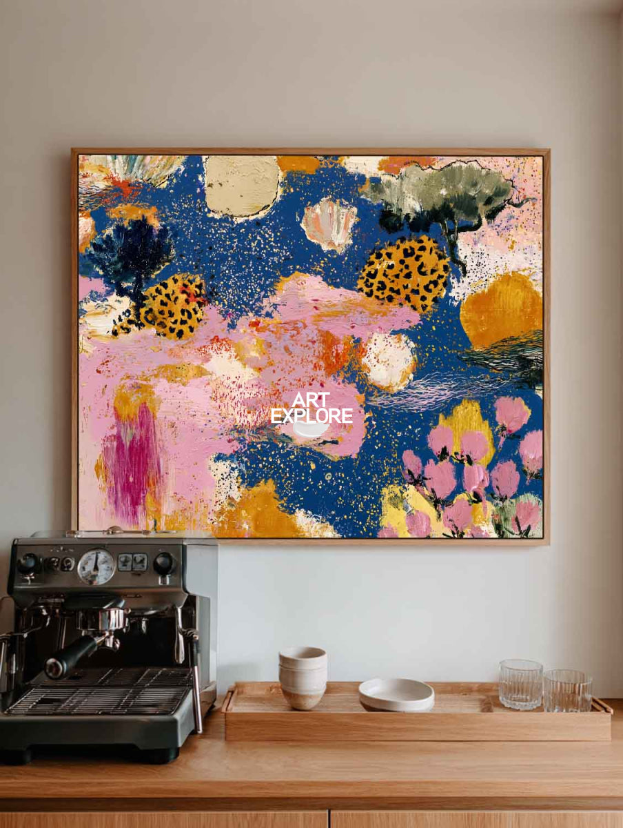Colorful Abstract Floral Canvas Painting With Pink And Blue Tones For Modern Home Decor