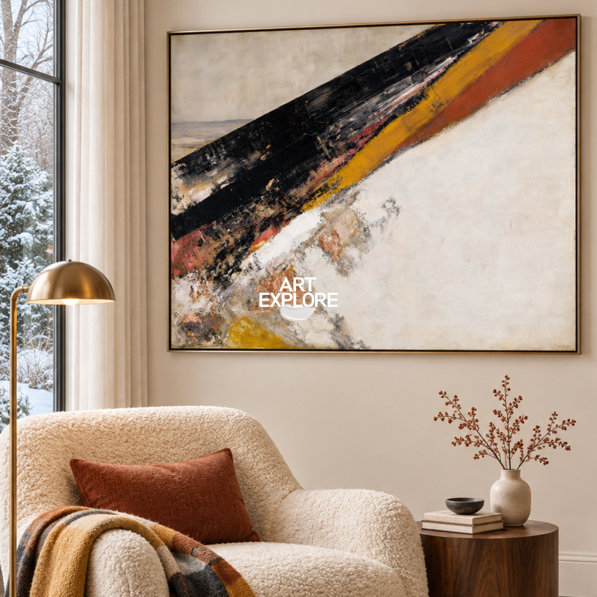 Abstract Black And Beige Canvas Painting With Gold Accents For Modern Walls