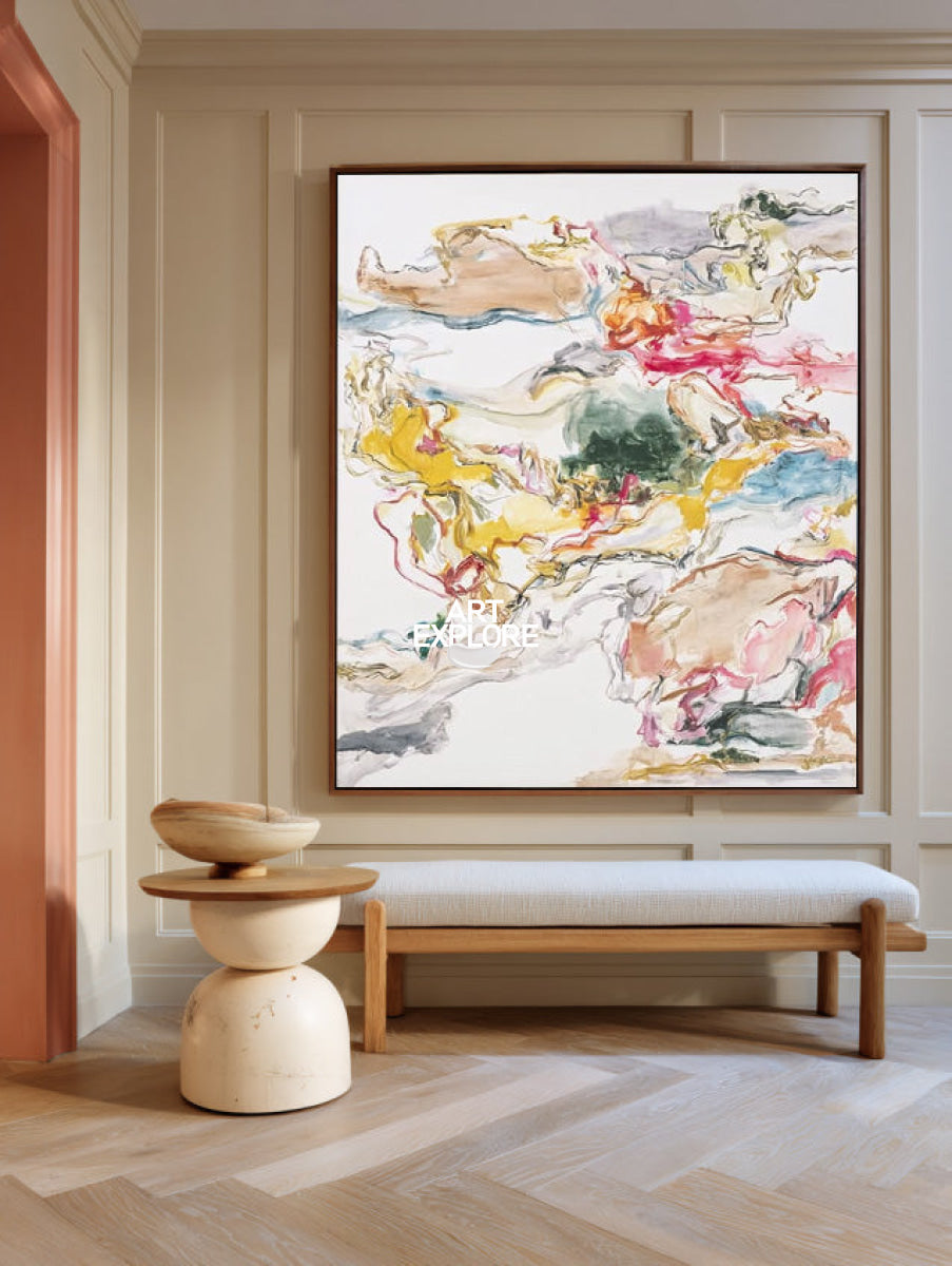 Pastel Abstract Canvas Painting With Pink And Yellow Tones
