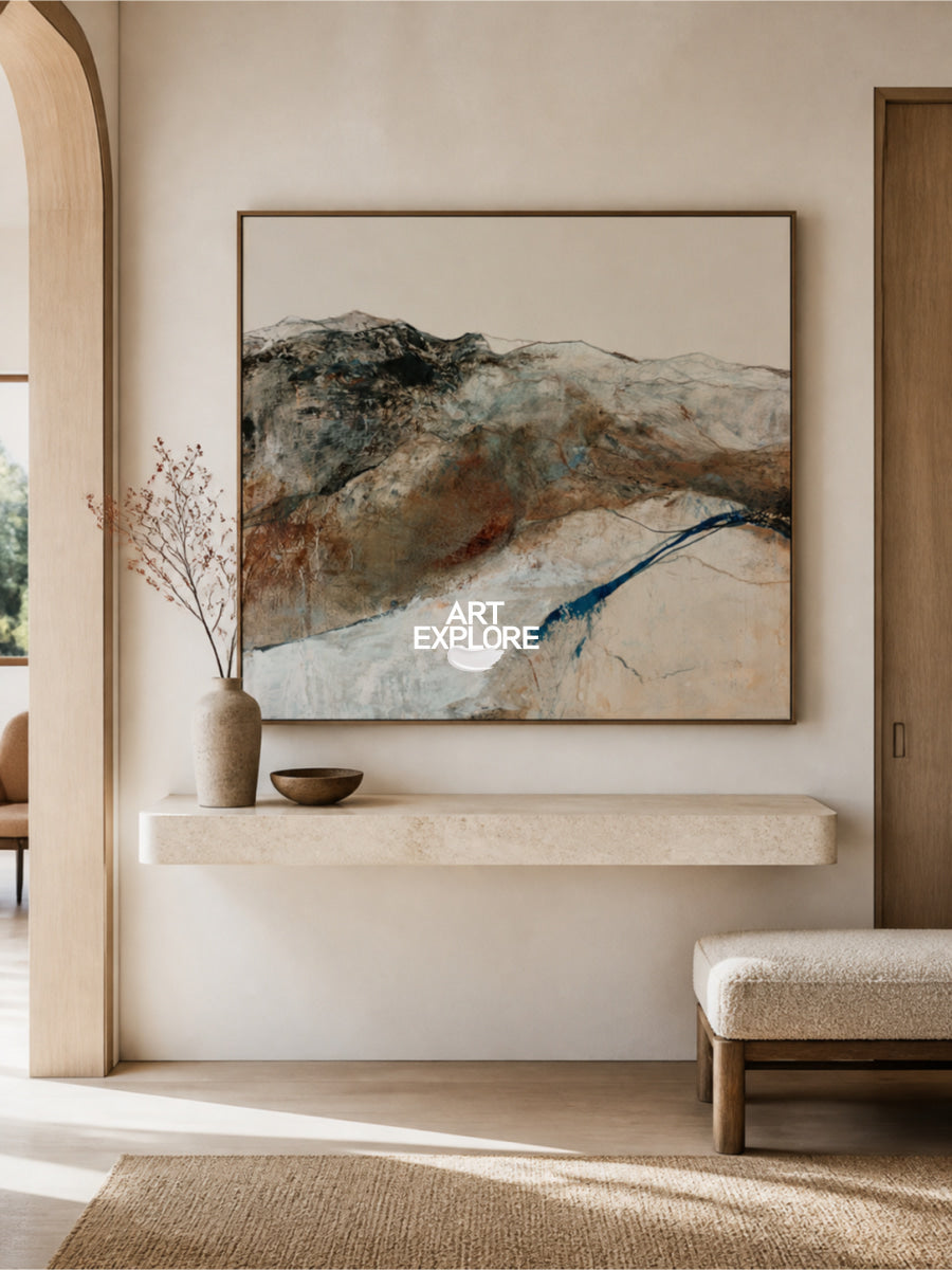 Contemporary Abstract Expressionist Canvas Art In Warm Brown And Cool Blue Palette