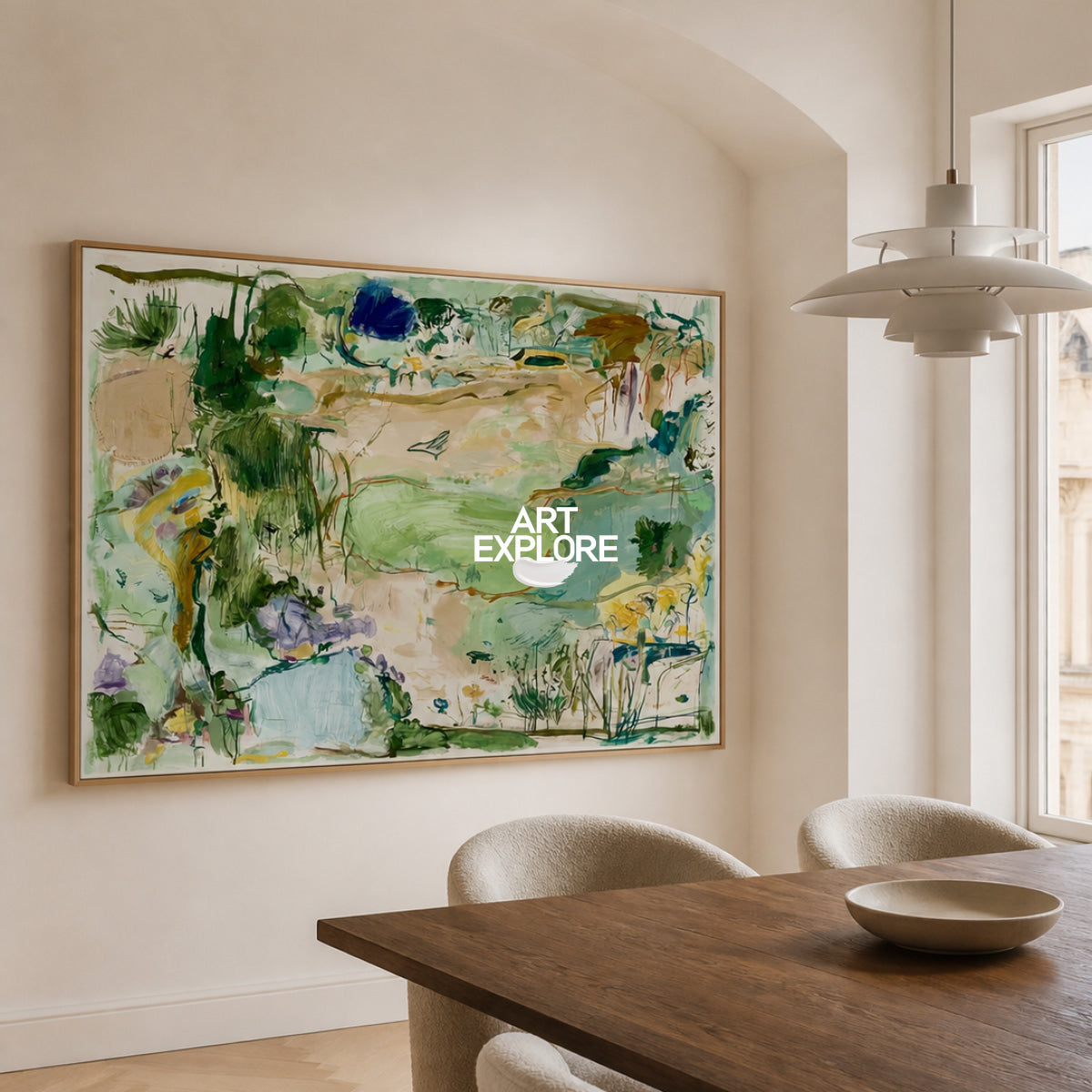 Abstract Green Landscape Hand-Painted Canvas Art With Blue Accents