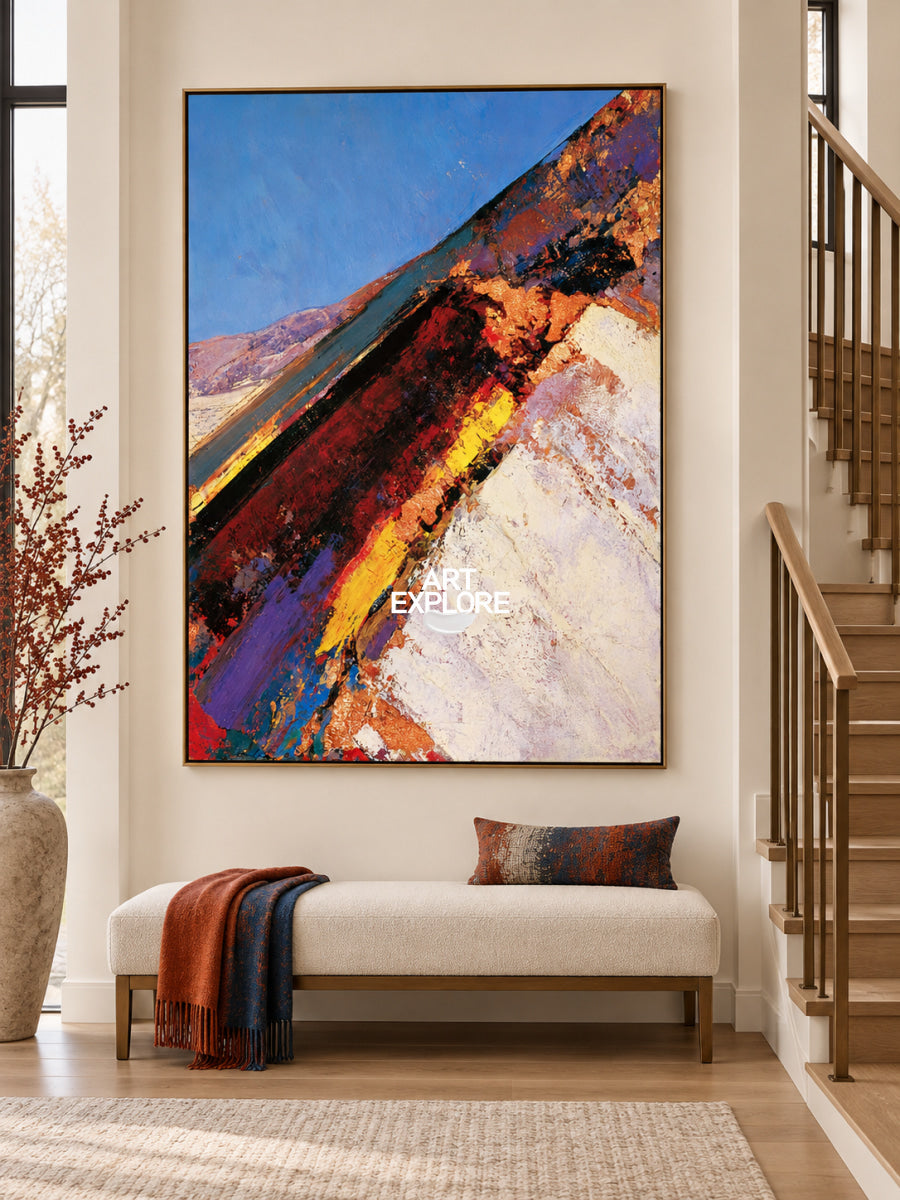 Colorful Abstract Landscape Canvas Painting With Red And Blue Tones