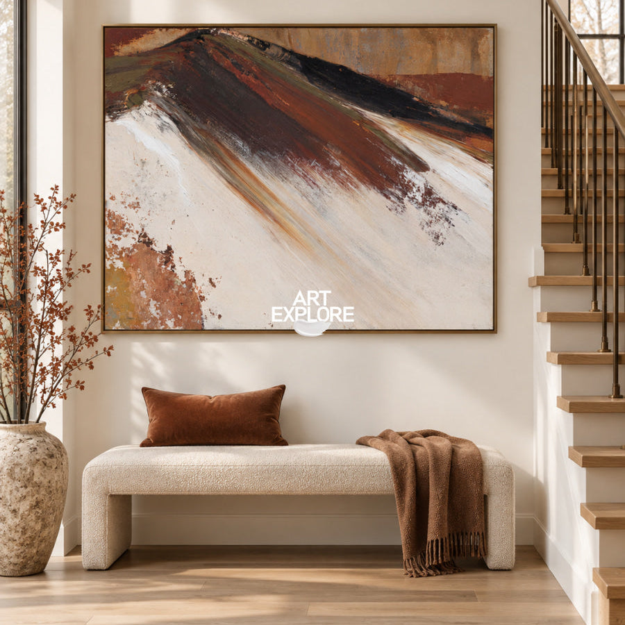 Abstract Mountain Landscape Hand-Painted Canvas Art In Earthy Brown Tones