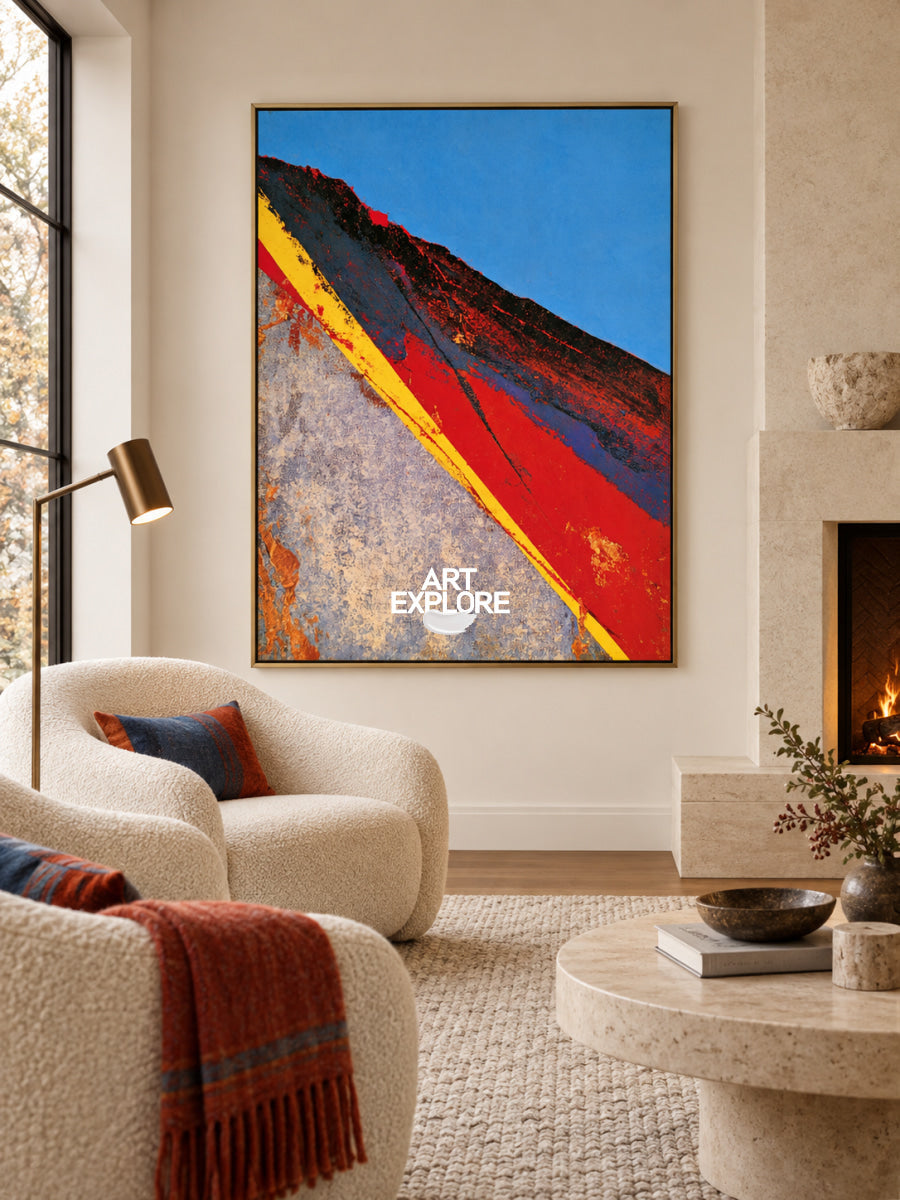 Abstract Red And Blue Landscape Canvas Painting With Yellow Line
