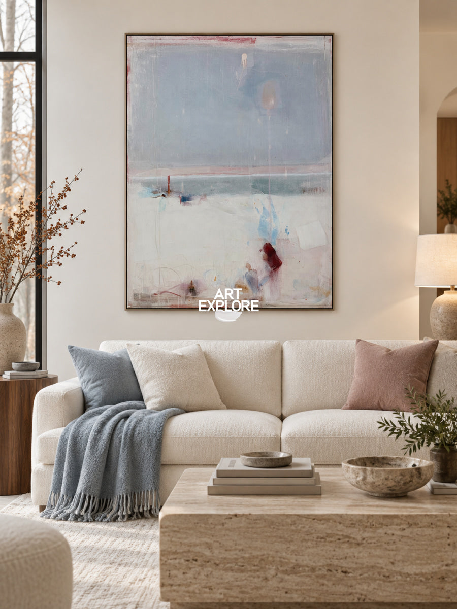 Abstract Blue White Canvas Painting Hand-Painted Wall Art For Modern Home Decor