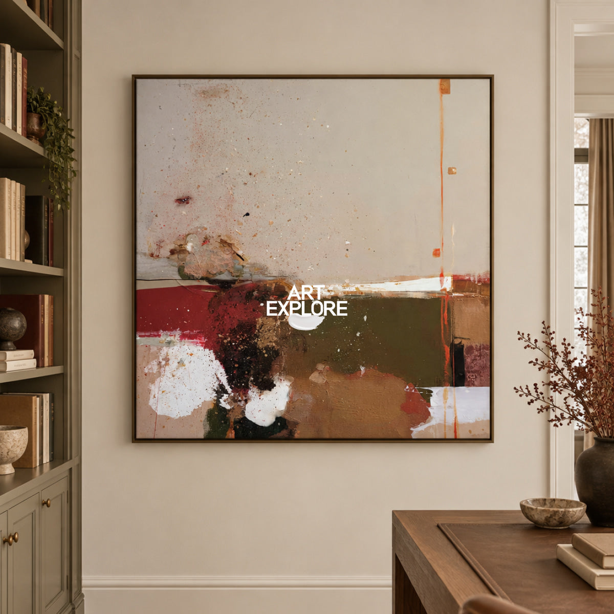 Abstract Earth Tone Canvas Painting With Red And Green Accents For Modern Walls