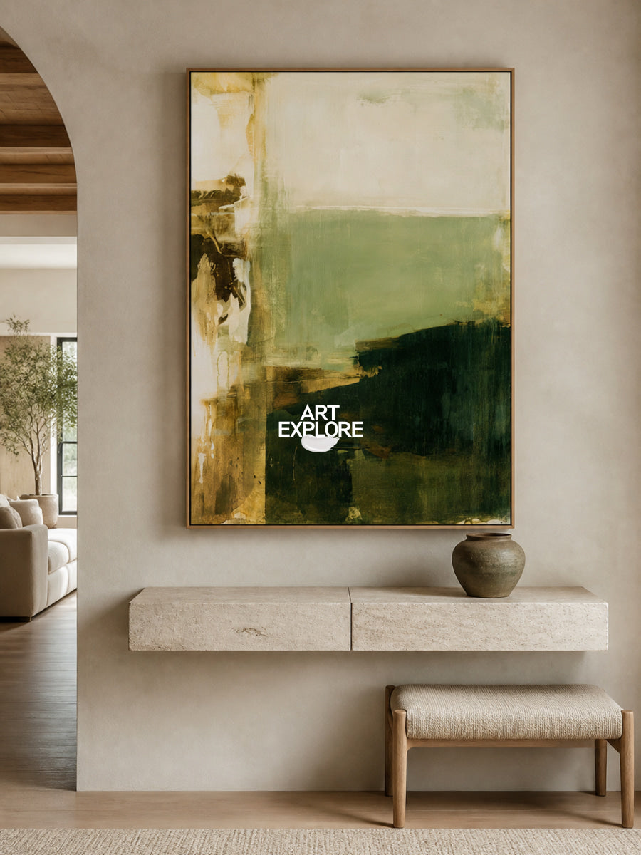 Abstract Green And Beige Canvas Painting Hand-Painted Minimalist Wall Art For Modern Home