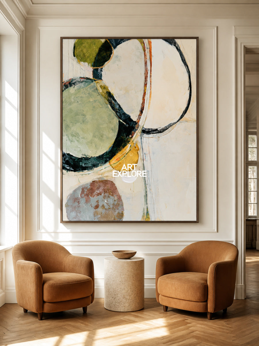 Abstract Geometric Canvas Painting With Green And Beige Tones For Modern Wall Art