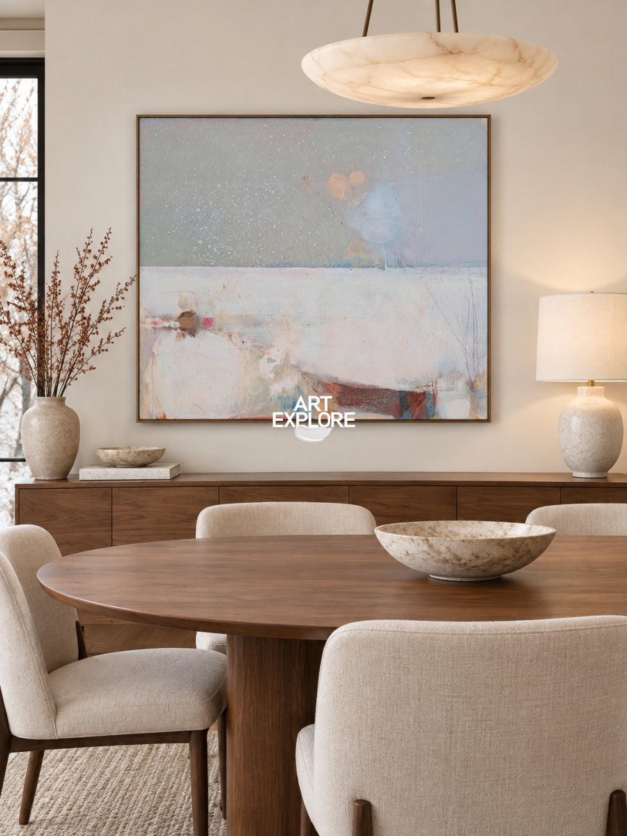 Minimalist Abstract Square Painting With Textured White Blue Gray Tones Original Art