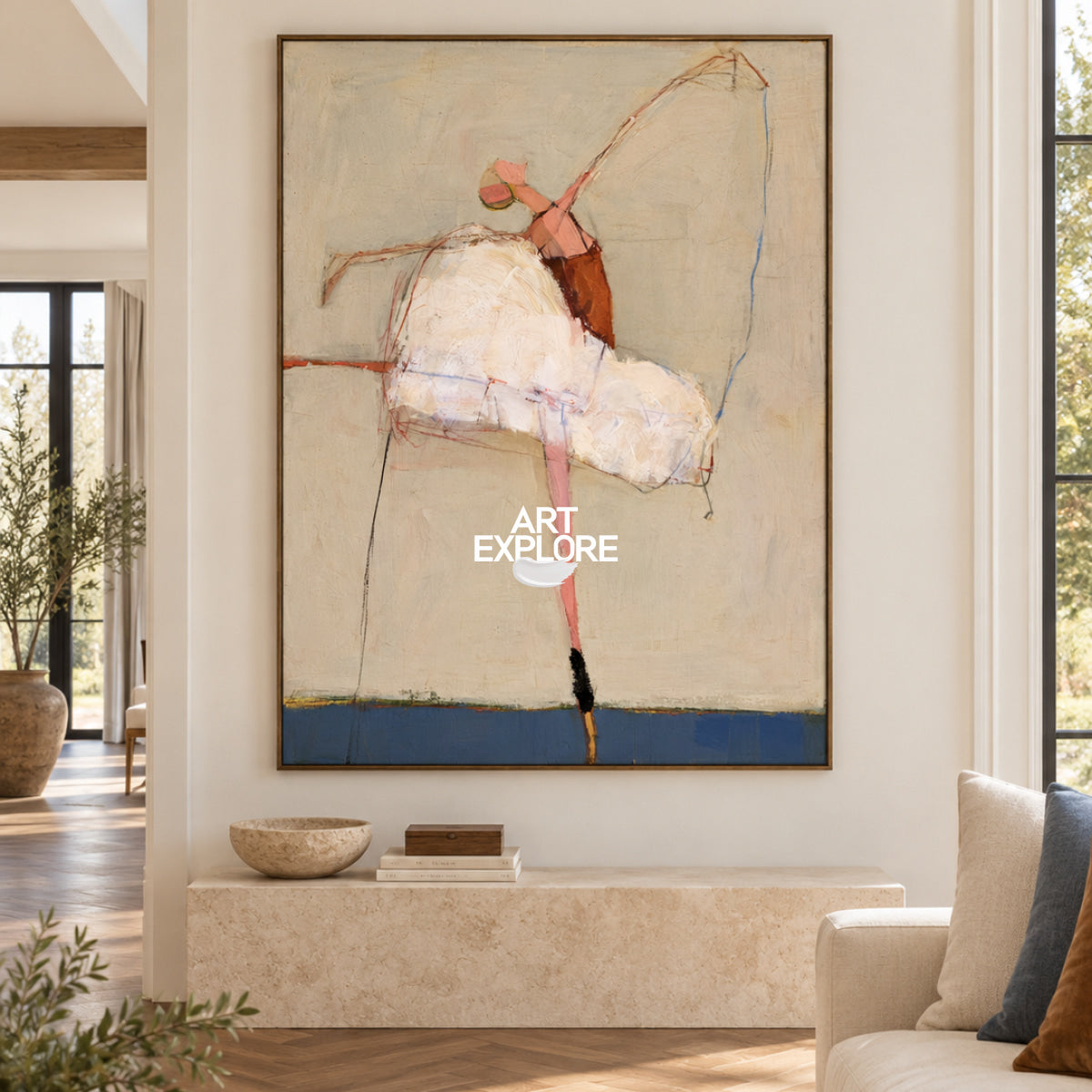 Abstract Ballet Dancer Canvas Painting In Beige And Blue Tones Hand-Painted Wall Art
