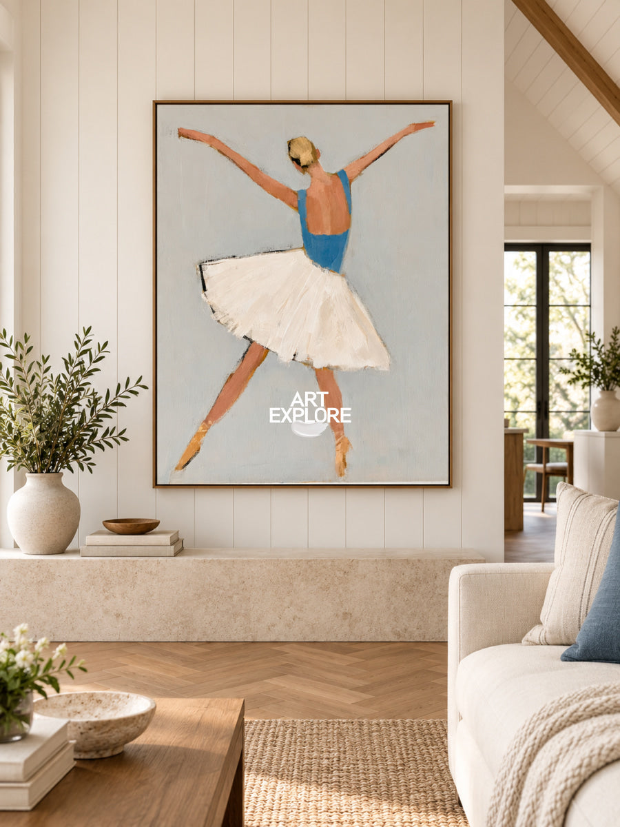 Ballerina Canvas Painting Minimalist Blue And Beige Hand-Painted Wall Art