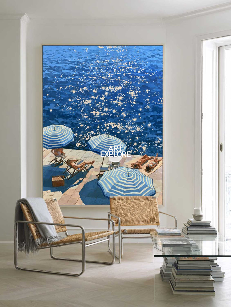 Blue And White Beach Painting For Modern Coastal Living Room Summer Decor