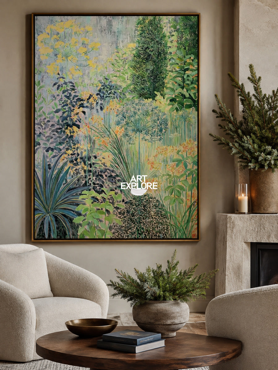 Abstract Botanical Garden Painting Green Yellow Blue Hand-Painted Canvas Wall Art