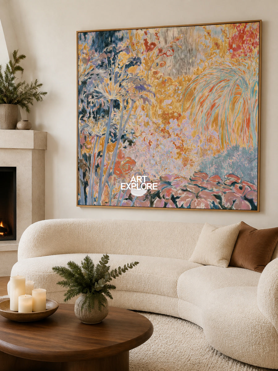 Abstract Botanical Canvas Painting With Pink And Orange Floral Colors