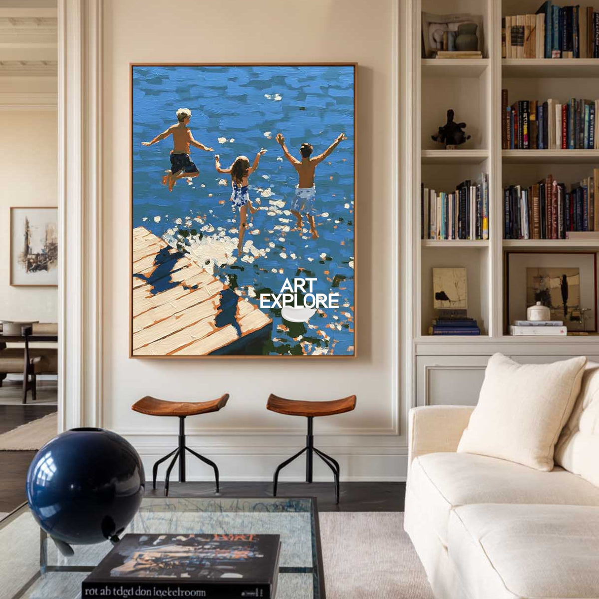 Abstract Blue Diving Art For Modern Coastal Living Room Decor