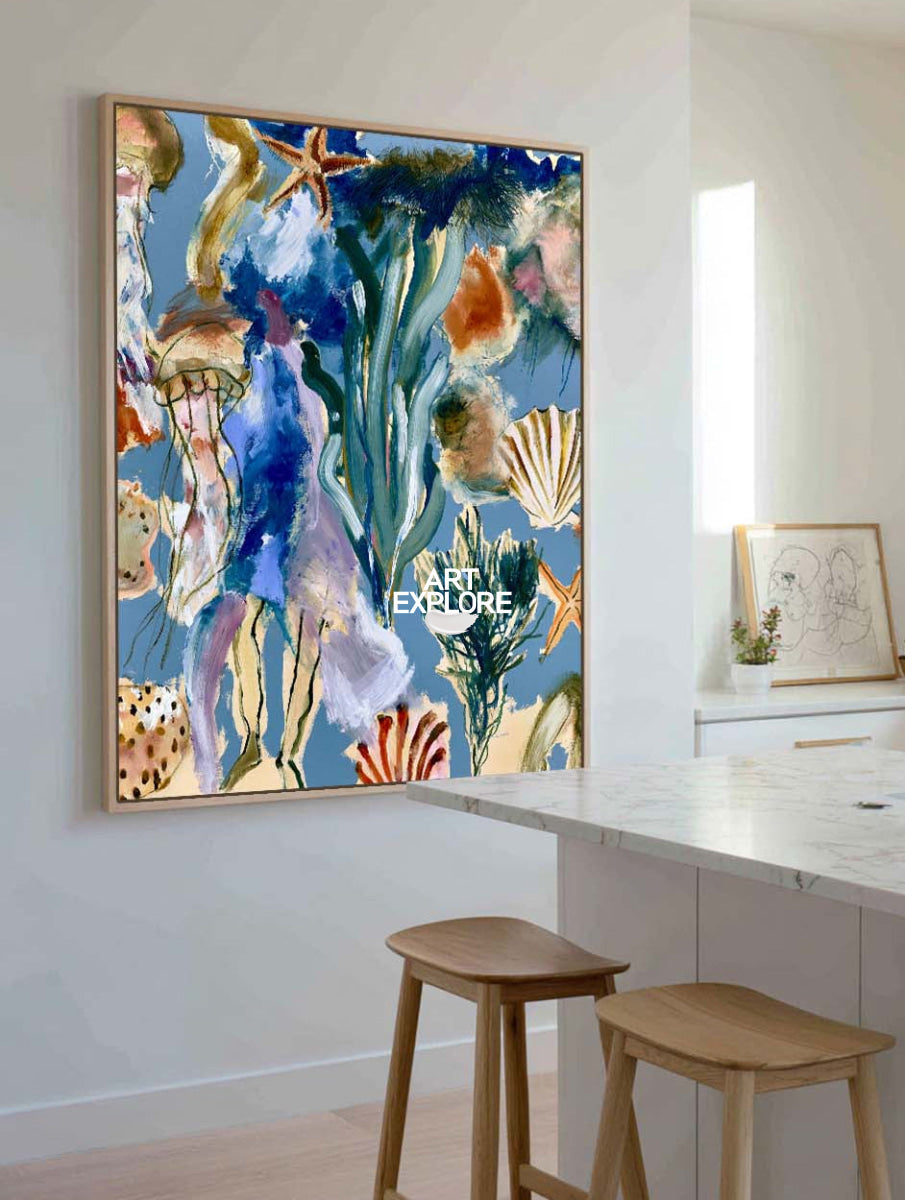 Abstract Seascape Canvas Painting With Starfish And Shells In Blue Green Tones