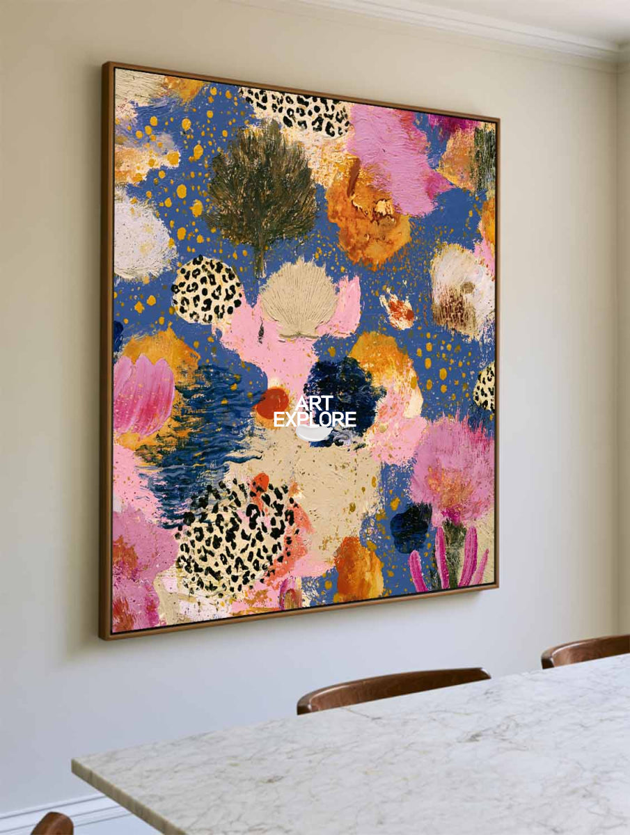 Contemporary Pop Art Style Canvas With Textured Pink And Blue Flowers