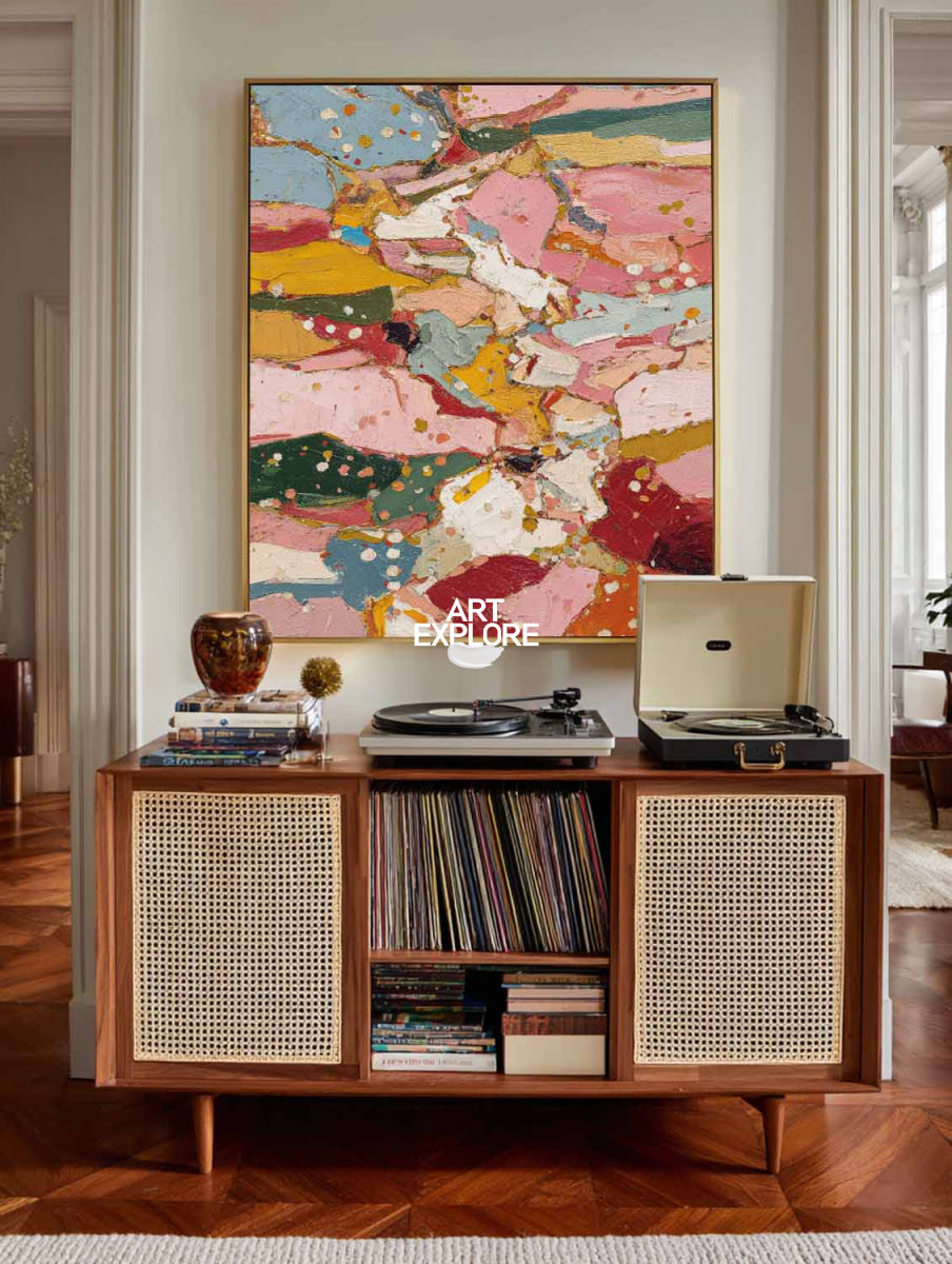 Hand Painted Abstract Textured Art With Pink And Teal For Modern Living Room Decor