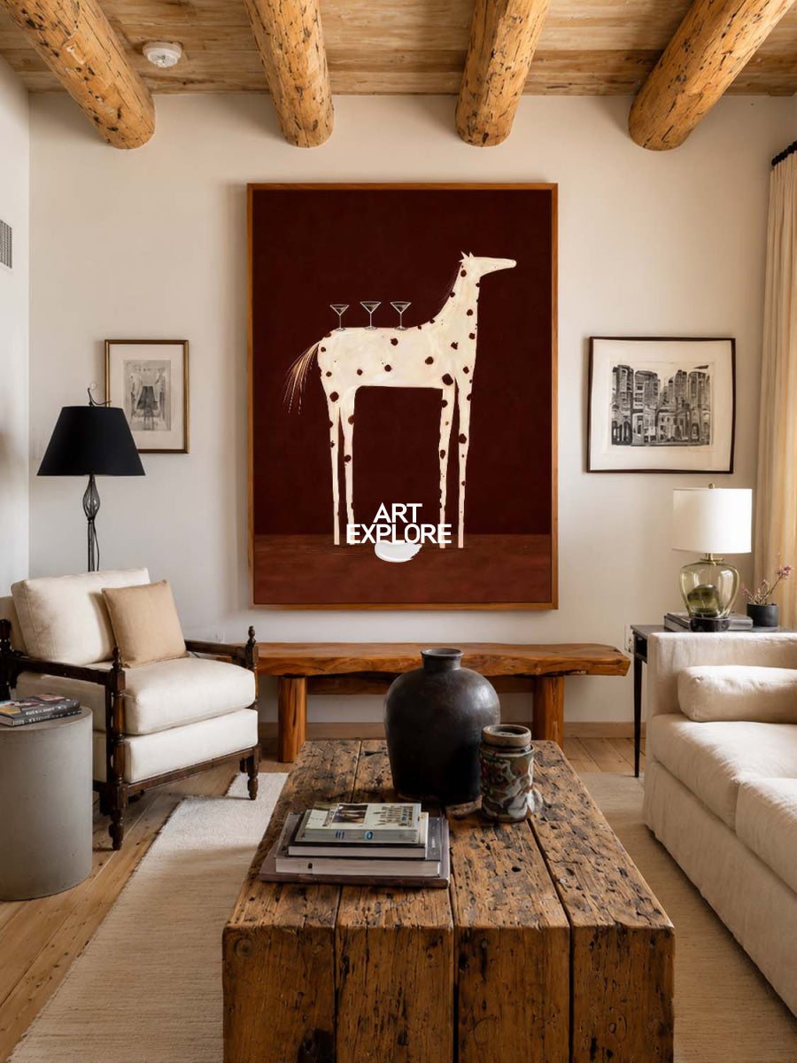 Minimalist Horse Painting With Martini Glasses For Modern Dining Room Decor