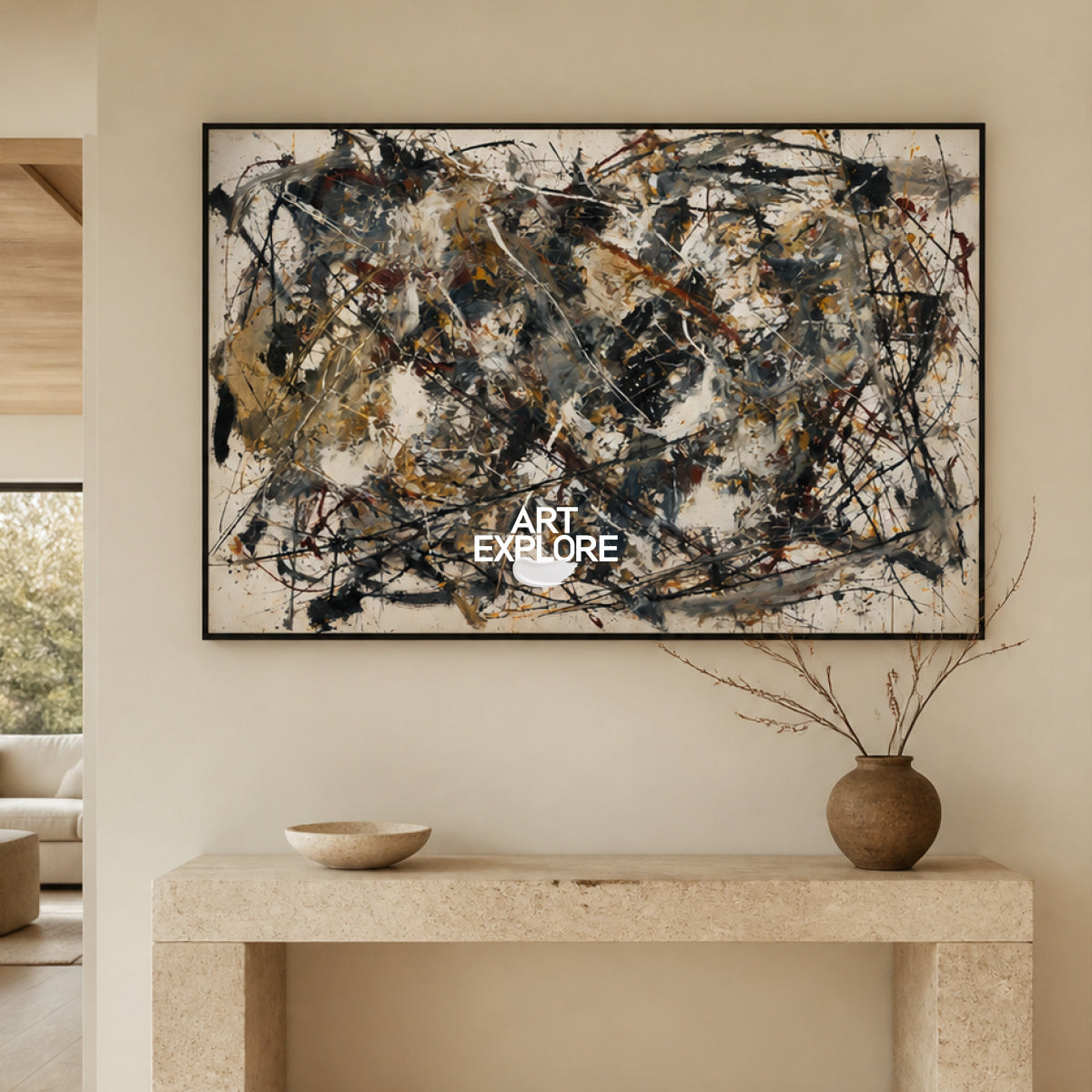 Bold Abstract Canvas Painting With Black And Beige Strokes For Modern Art Lovers