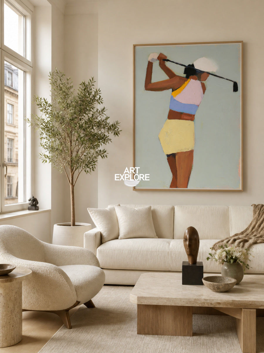Abstract Golfer Painting Hand-Painted Canvas Wall Art In Green And Pastel Colors