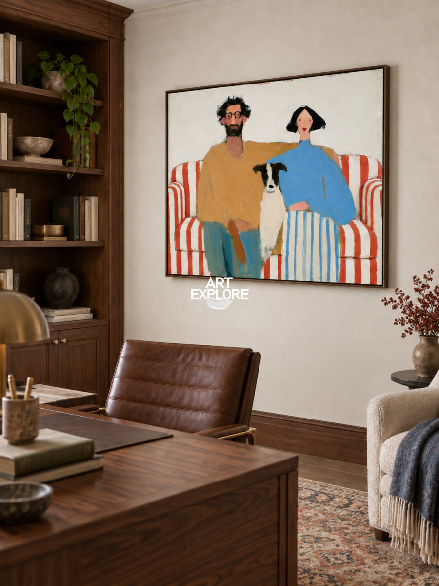 Abstract Couple And Dog Painting On Red Striped Sofa Hand-Painted Canvas Art