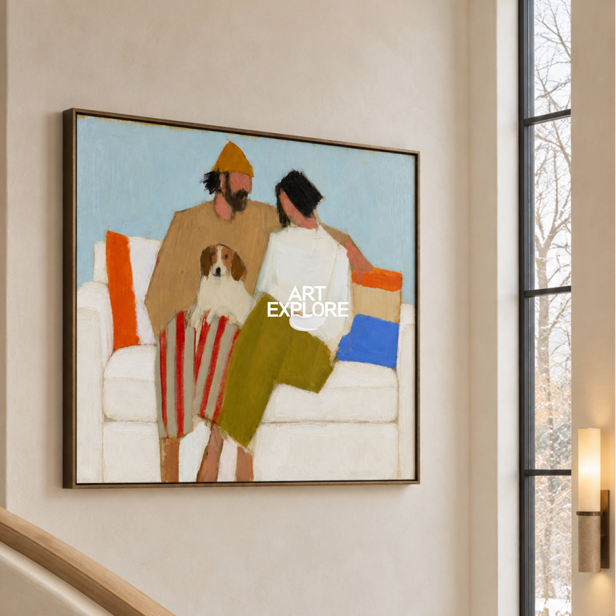 Abstract Couple And Dog Painting On Canvas For Modern Home Decor