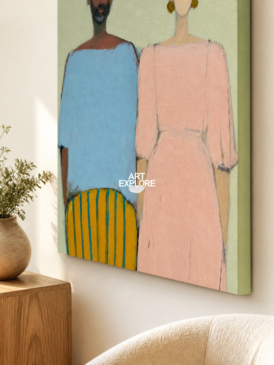 Modern Abstract Couple Painting Blue Pink Original Art For Living Room