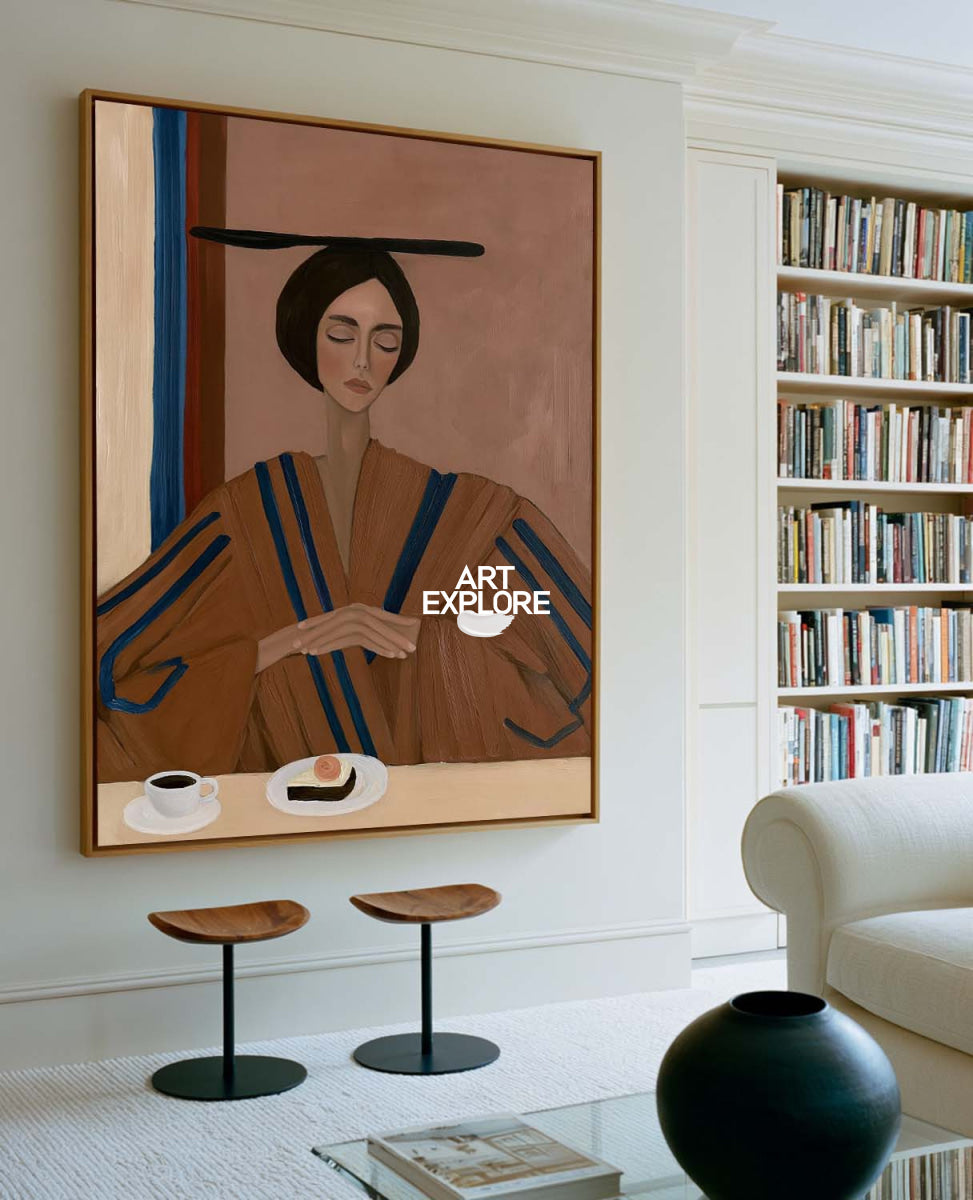 Modern Elegant Woman Portrait Canvas Painting In Brown And Blue Tones