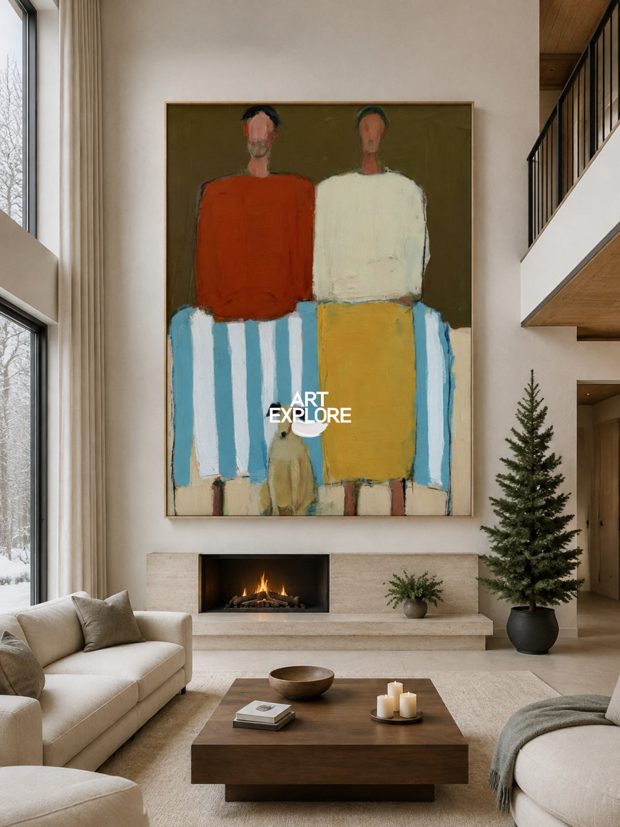 Abstract Couple And Dog Painting Hand-Painted Modern Canvas Art With Earth Tones