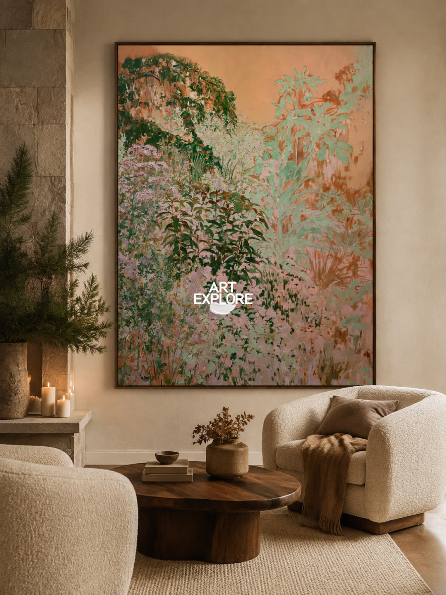Hand-Painted Abstract Art In Pink And Green For Modern Organic Decor