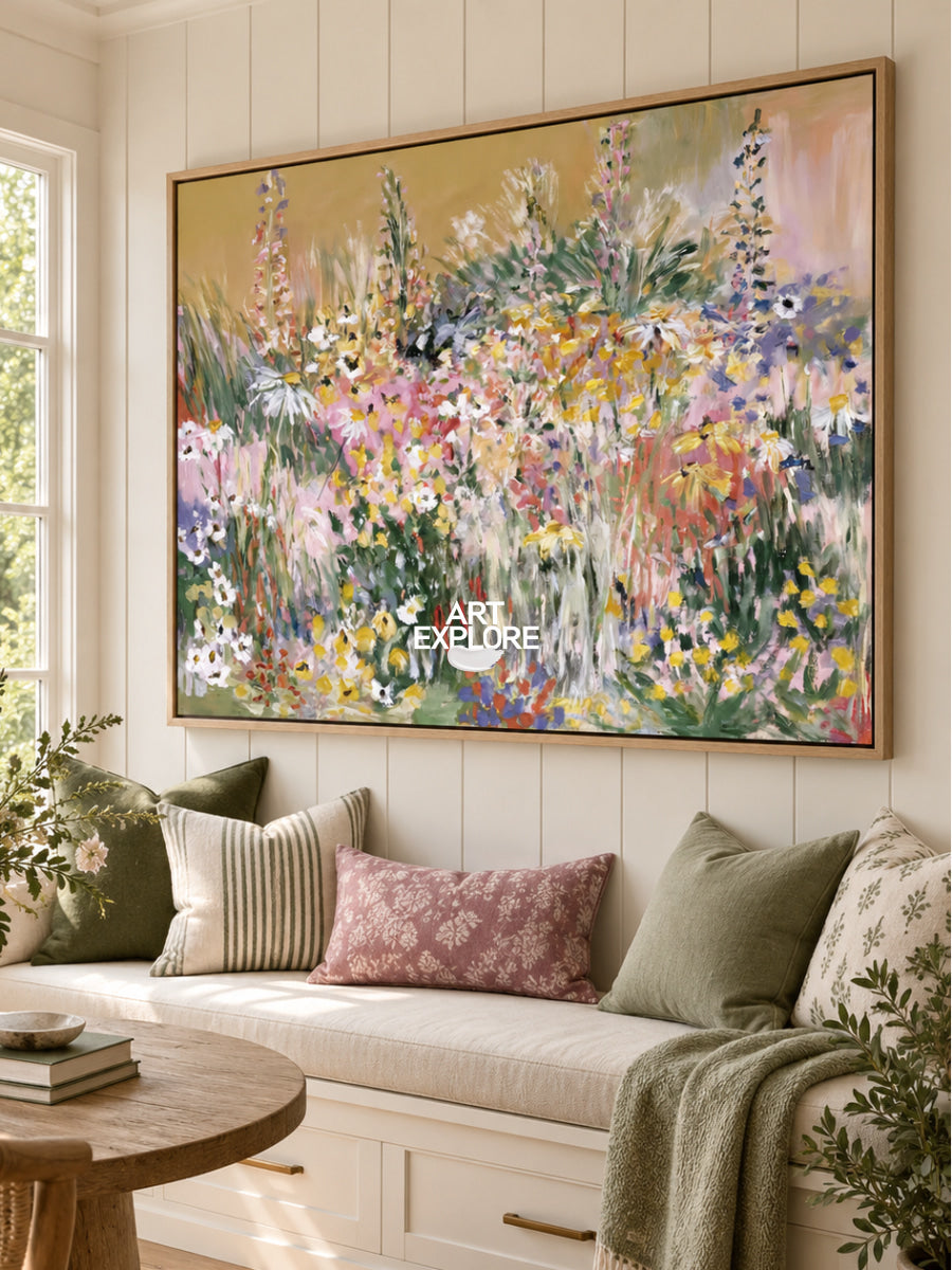 Abstract Floral Canvas Painting With Warm Tones And Textured Brushwork For Modern Home Decor
