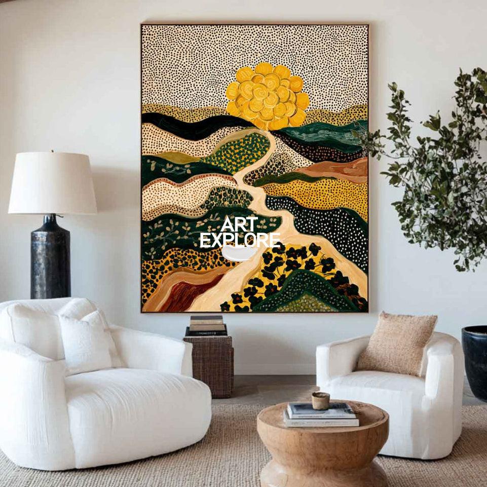 Abstract Landscape Painting Beige And Green With Golden Sun For Modern Living Room Decor