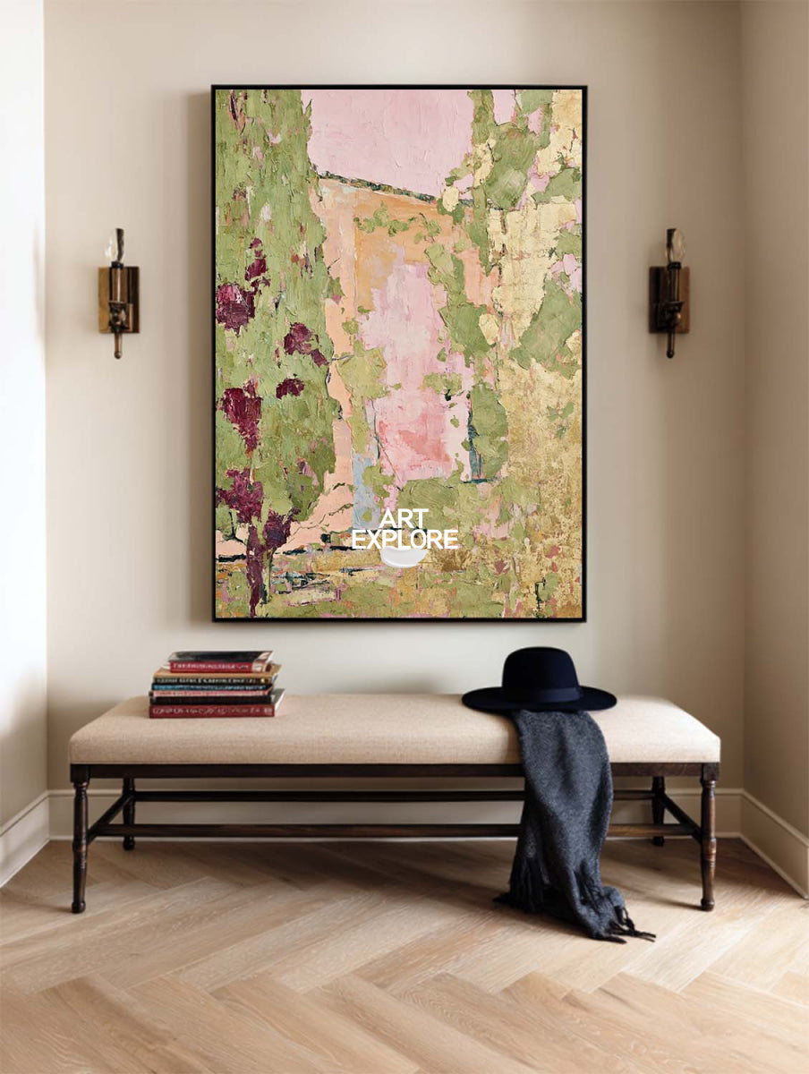 Abstract Garden Landscape Painting Green Pink Hand-Painted Canvas Art