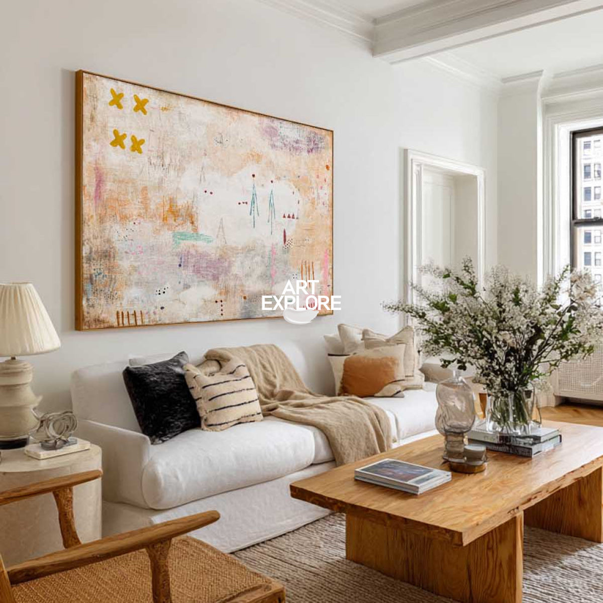 Large Abstract Beige Painting With Pink Accents For Modern Living Room Decor