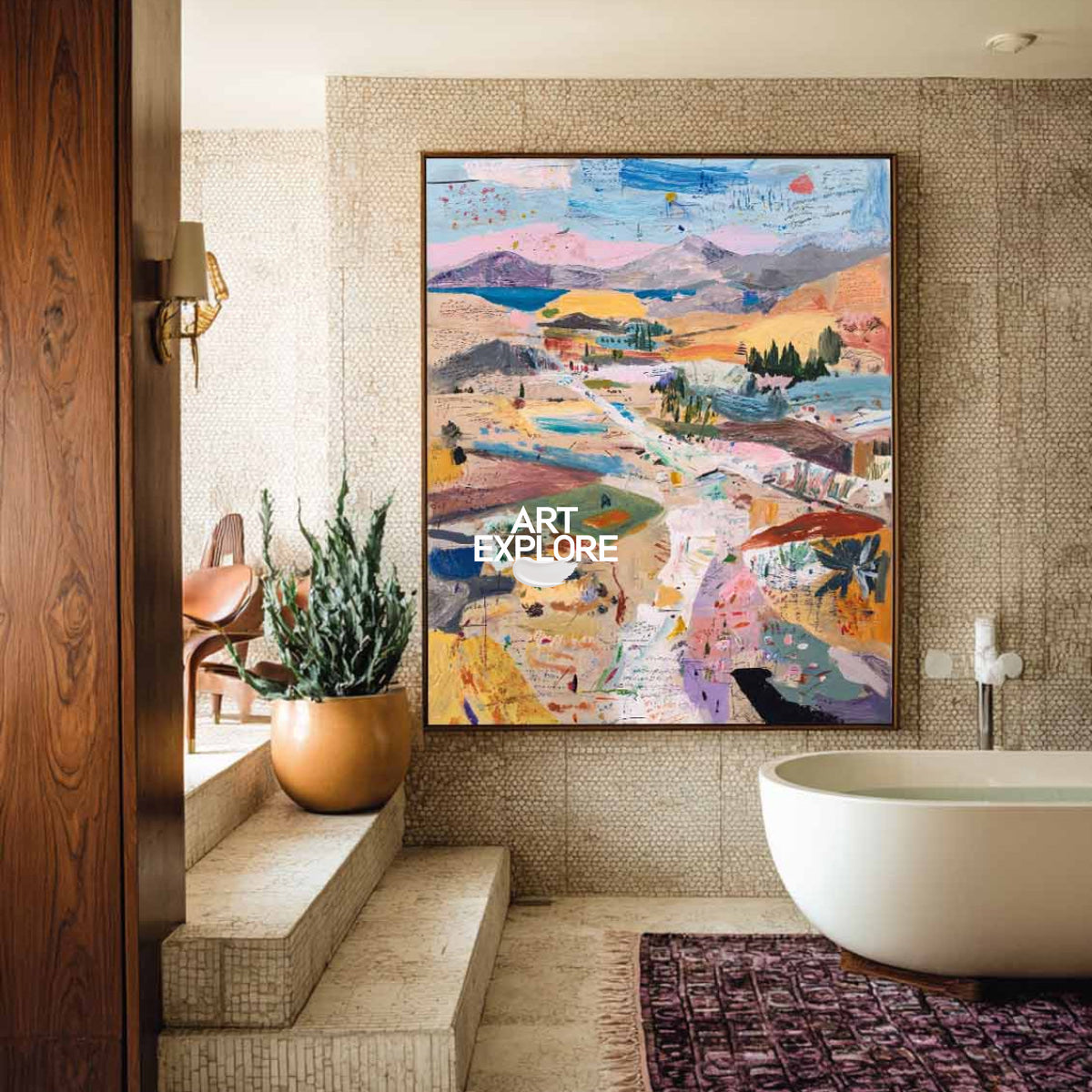 Abstract Pink Blue Landscape Painting Original Art For Modern Living Room Decor