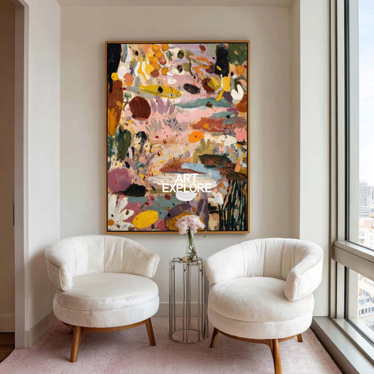 Original Pink Abstract Painting With Colorful Textured Strokes For Modern Home Decor