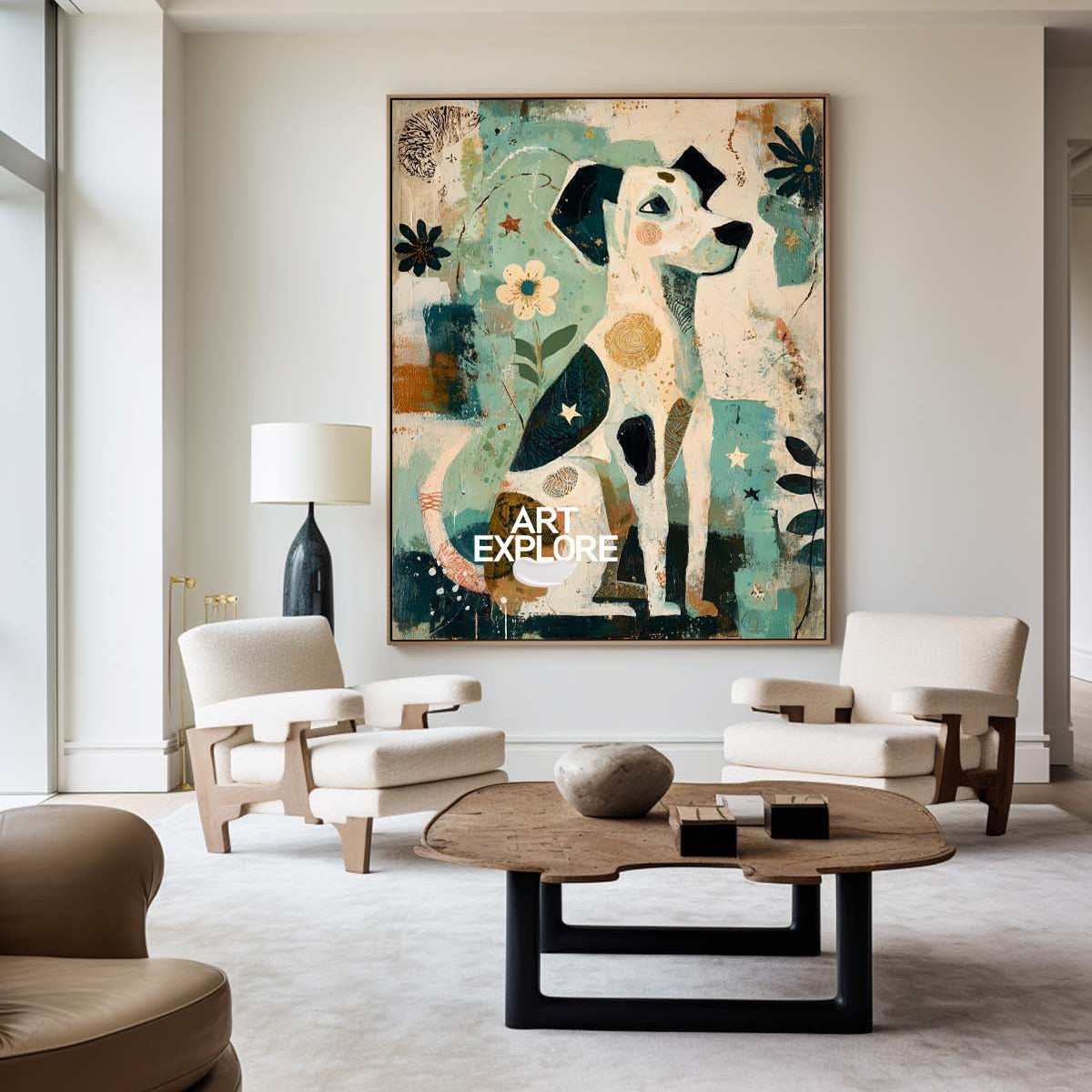 Abstract Dog Painting With Floral Motifs In Beige And Teal For Living Room Decor