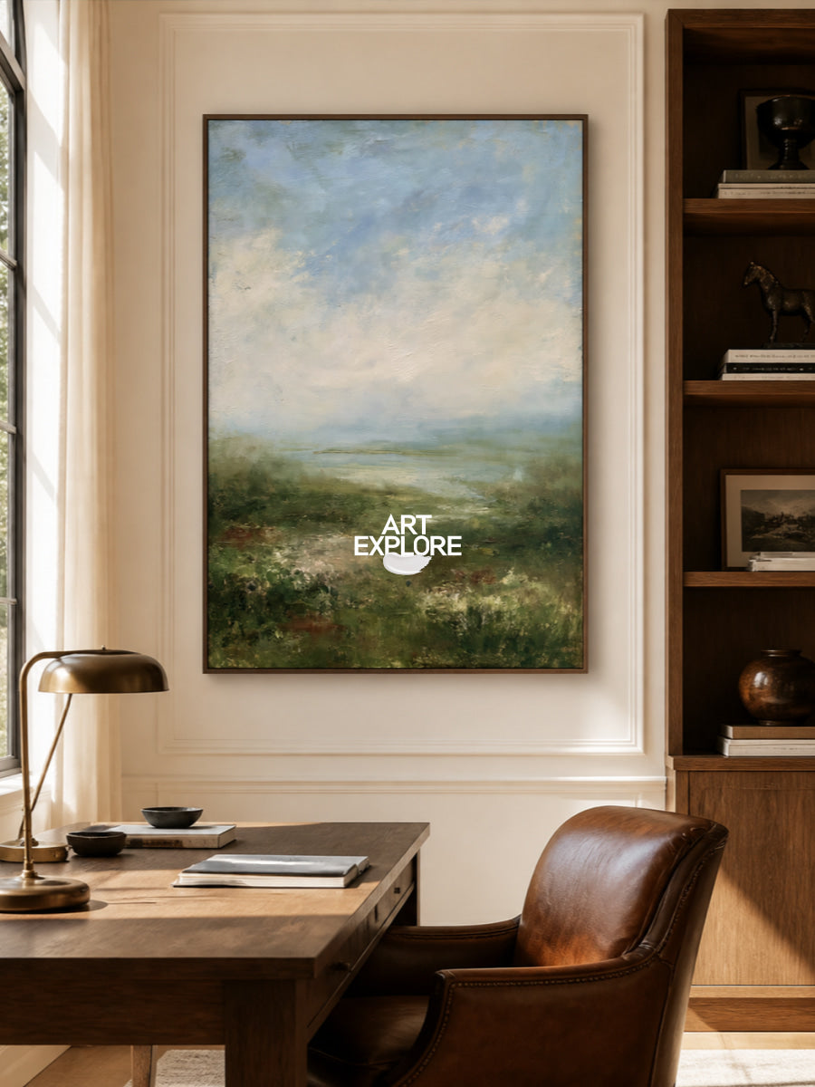 Misty Green Coastal Landscape Hand-Painted Canvas Art For Modern Home