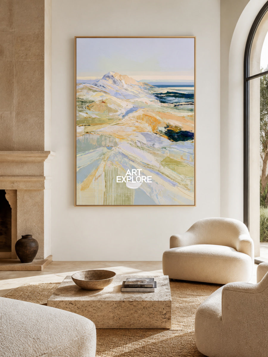 Abstract Mountain Landscape Canvas Painting In Blue And Green Tones